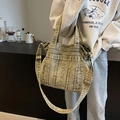 Vintage denim tote bag in army green wash with multiple pockets and adjustable strap - Green
