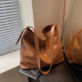 Brown soft leather large capacity tote bag with wide strap for casual daily use - Brown