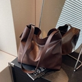 Deep brown vintage PU leather tote bag with adjustable strap and silver metal buckle - Coffee