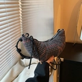 Grey houndstooth crescent bag with red accents and black leather knotted shoulder strap - Black