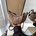Brown and yellow houndstooth half-moon crossbody bag with leather knotted strap detail - Brown