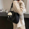 Minimalist black lychee texture tote bag with a cute white plush cloud charm - Black