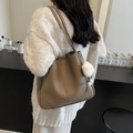 Minimalist light brown tote bag with pebble texture and white pom-pom charm - Gray