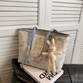 Borsa tote graffiti bianca e blu con ciondolo a coniglietto e stampa creativa - Blu con Pendente