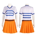 Costume cosplay One Piece Nami con t-shirt a righe e gonna a pieghe arancione - S / Stile Top A Righe Blu Bianco E Gonna A Pieghe Arancione