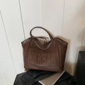 Minimalist large capacity dark brown leather tote bag with HNKBAG embossed logo - Brown