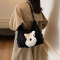 Sac cabas en velours côtelé noir avec écusson chien en peluche blanc porté à l'épaule - Style de Chien de Dessin Animé / Noir