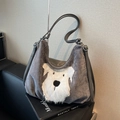 Sac fourre-tout en peluche grise avec motif chien blanc et bandoulières en cuir - Style de Chien de Dessin Animé / Gris
