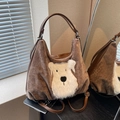Sac fourre-tout en velours côtelé marron avec écusson Schnauzer et anses en similicuir - Style de Chien de Dessin Animé / café