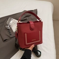 Red leather bucket bag with gold studs and vintage pattern wide shoulder strap - Wine Red Without Pendant