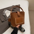 Brown bucket bag with patterned wide strap and PU leather texture for women - Brown No Pendant