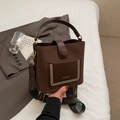 Dark brown leather bucket bag with wide printed shoulder strap and rivet pocket - Coffee No Charm