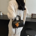 Chic black faux leather Boston bag with a cute bear charm and checkered bow detail - With Pendant / Black