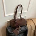 Dark brown matte leather Boston shoulder bag with cute dog pendant and silver zipper - With Charm / Brown