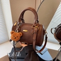 Deep brown retro Boston bag with gold hardware and a cute plush bear charm - With Pendant / Brown