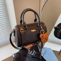 Dark brown retro Boston bag with gold detail and a cute plush bear charm - With Pendant / Coffee