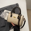 Chic cream and dark brown Boston handbag with gold metal hardware and adjustable strap - No Pendant / Off White
