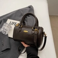 Dark brown matte leather Boston bag with gold hardware and top handle strap - No Pendant / Coffee
