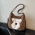 Bruine corduroy tote tas met een pluche hondenpatch en een verstelbare riem - Bruin
