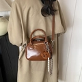 Brown patent leather square handbag with teddy bear charm for women crossbody style - With Pendant / Brown