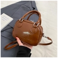 Dark brown high-gloss leather crossbody bag with silver hardware and top handles - No Pendant / Brown