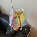 Rainbow plush bucket bag with star patterns and gold chain strap for women - Green