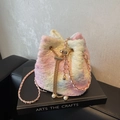 Pink and blue fuzzy bucket bag with gold chain strap and pearl drawstring details - Pink