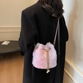 Pink and purple gradient plush bucket bag with pearl tassels and chain strap - Purple