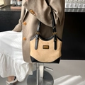 Mode Retro Vintage-Tote-Tasche aus Wildleder mit schwarzen Riemen SKU Variante - Khaki