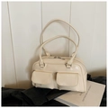 Bolso de mano de cuero PU beige crema brillante con bolsillos frontales y plata - Blanco