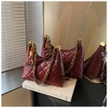 Detail of burgundy quilted leather bag with gold chunky chain and lock pendant - Red Large with Charm