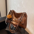 Deep brown vintage leather shoulder bag with metal chain strap and cute dog pendant - Brown with Pendant