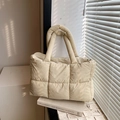 Quilted padded tote bag in cream beige nylon with wide handles and soft square pattern - Khaki