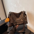 Dark brown faux leather shoulder bag with gold chain strap and plush bear charm - Coffee with Pendant