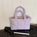Lavender quilted down tote bag with padded handles and square stitching detail - Purple