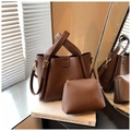 Dark brown faux leather bucket bag set with textured finish and gold hardware - Brown