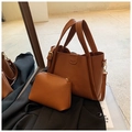 Brown litchi grain tote bag with matching zippered pouch and gold hardware accents - Yellow Brown