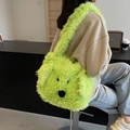Neon green furry cartoon dog crossbody bag with fluffy texture and spacious interior - Green