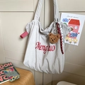 Light gray tote bag with red script embroidery and plush bear charm for daily use - Gray With Pendant