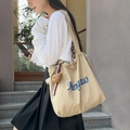 Khaki large canvas tote bag with drawstring closure and cute brown teddy bear charm - Khaki with Pendant