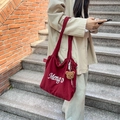 Dark red canvas tote bag with white Mengo script and a cute brown plush bear pendant - Red with Pendant