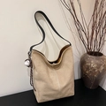 Stylish khaki suede-like bucket bag for women with black strap and cute baseball charm - Khaki with Pendant