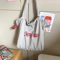 Minimalist beige tote bag featuring red letter embroidery and drawstring design - Grey Without Pendant