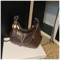 Vintage dark brown PU leather tote bag with large capacity and decorative charms - With Charm / Brown