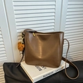 Vintage brown PU leather bucket shoulder bag with a cute teddy bear charm - With Charm / Khaki