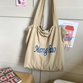 Minimalist beige tote bag with blue artistic lettering and lightweight pleated texture - Khaki (No Pendant)