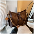 Dark brown textured tote bag with golden chain and heart charm detail shown in mirrors - With Charm / Brown