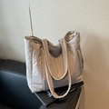 Large light grey nylon tote bag with pleated texture and wide shoulder straps - Gray