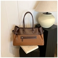 Grande borsa tote bicolore in pelle marrone e tessuto cammello per il pendolarismo - Marrone