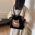 Zaino in pelle scamosciata nera con toppa gatto leopardo e ricamo cane dei cartoni - Nero